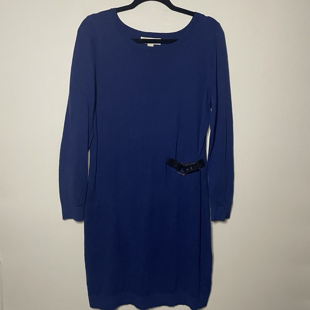 Michael Kors Blue Knit Sweater Dress Long Sleeve‎ Buckle Detail Women's Large